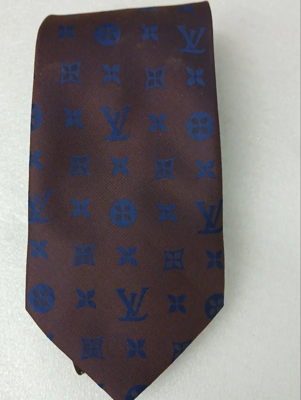 Vintage Louis Vuitton Brown Tie with Blue Monogram Geometric Design (1169)